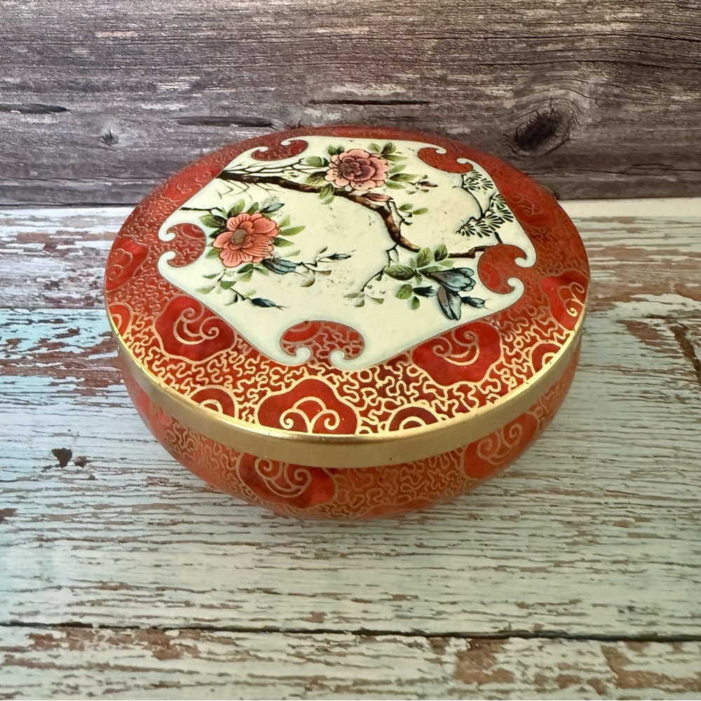 Daher England Vintage Metal Tin Round Floral Orange Gold